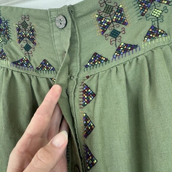 Anthropologie Maeve Embroidered Linen Cotton Button Front Smocked Skirt Green 6 - Picture 10 of 16
